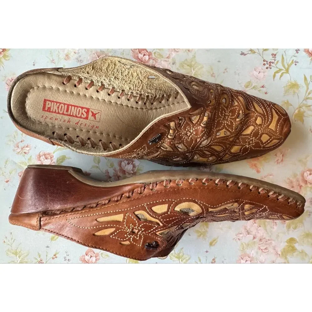 Leather Made in Spain Pikolinos Women’s Size 41 Cutout Floral Wedge Mules SlipOn